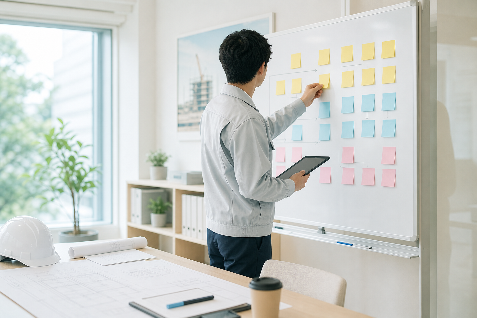 明るい打ち合わせスペースでホワイトボードの付箋を整理しながらタブレットを手に持つ担当者の立ち姿が見える建設会社の情景