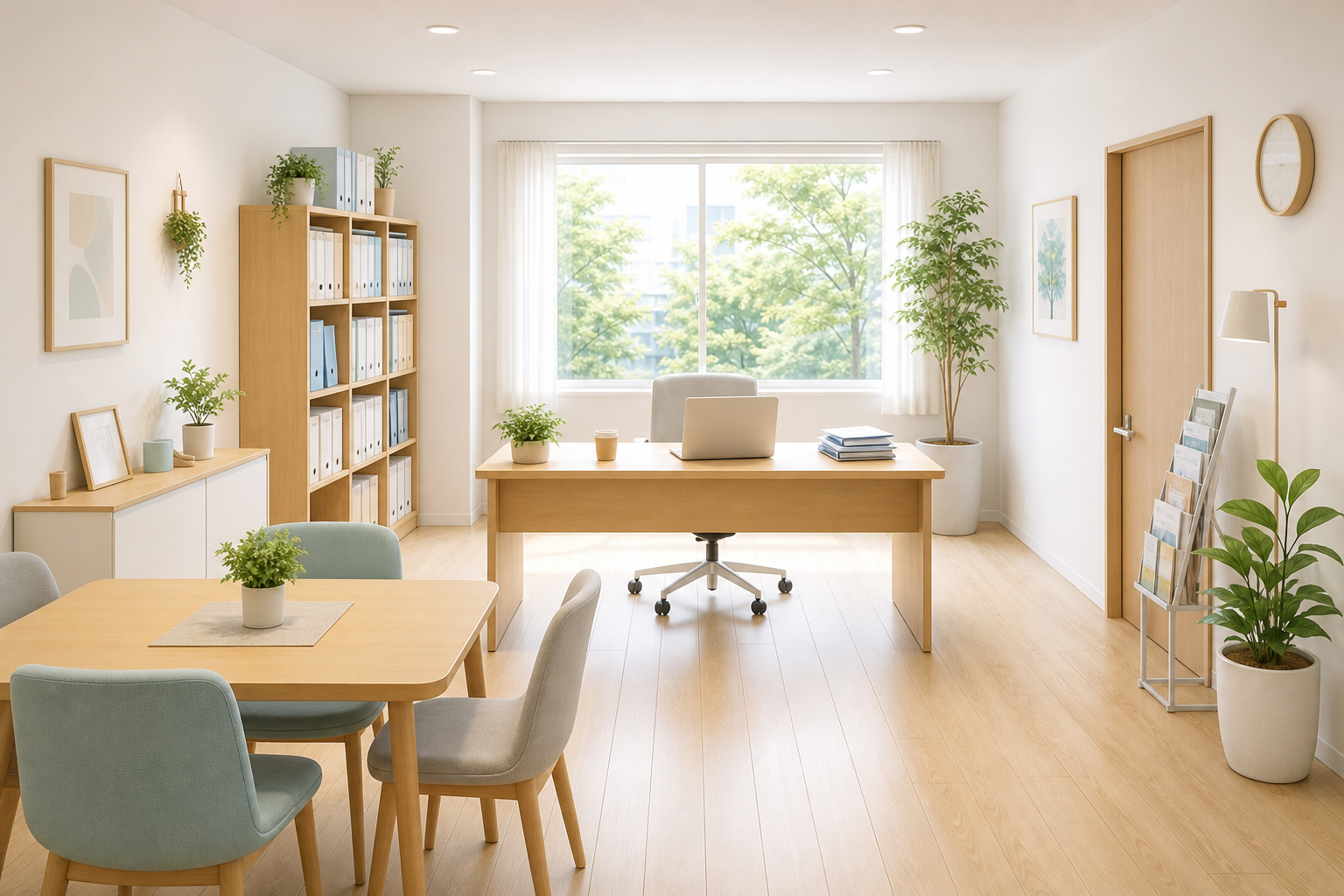 明るいオフィスの奥から手前に向けて広く映した引き構図で、デスクと部屋全体がゆったり映る賃貸管理会社の情景