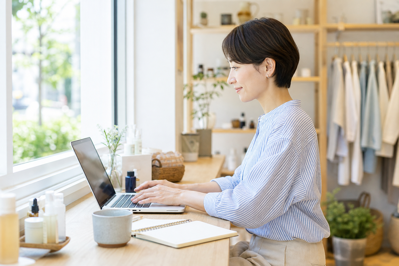 窓際のカウンターでノートPCを開き、商品サンプルと売上メモを並べて作業する担当者の横顔が見える明るい店舗バックオフィスの情景