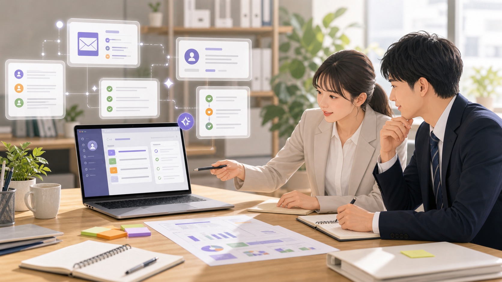 営業アシスタントがAIでメール要約やCRM入力、TODO整理を確認しているイラスト